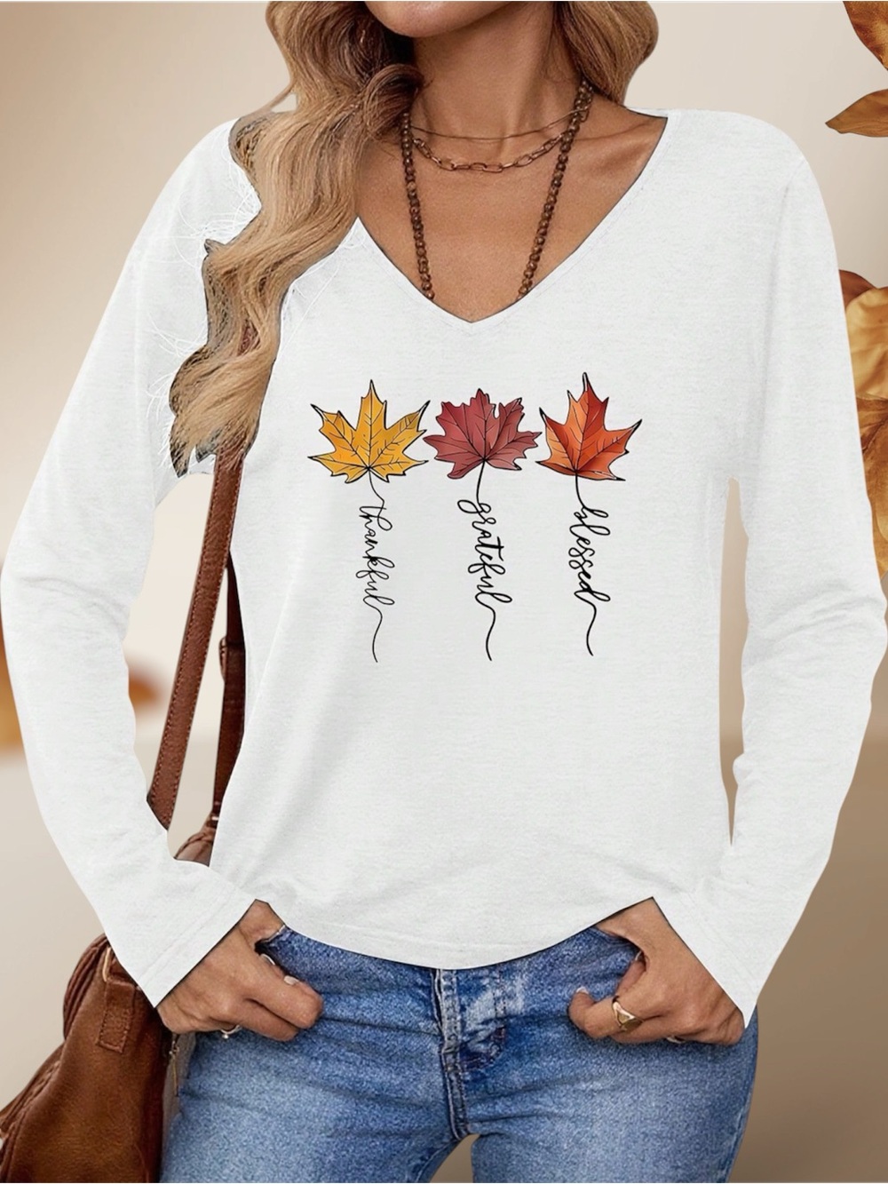 Women’s White V-Neck Long Sleeve Top with Autumn Leaf Print
